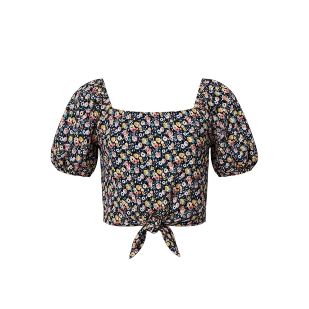Loft Square-Neck Puff Sleeve Floral Tie-Front Top Women's Small‎ Festival Spring